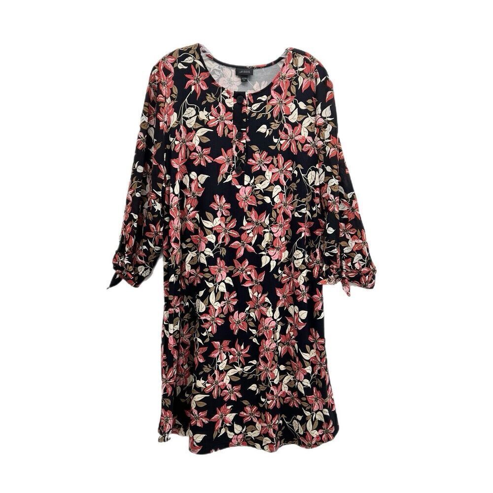 J Jill Wearever Collection Dress Women XL Black Floral Long Sleeve HenleyStretch
